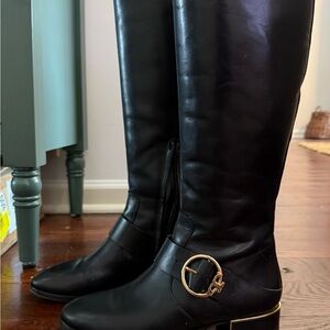 Tory Burch Black Leather Heeled Boots with Gold Accent